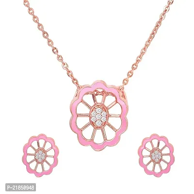 Mahi Cubic Zirconia Pink Floral Rose Gold Plated Pendant Set for Women NL1103669ZPin-thumb0