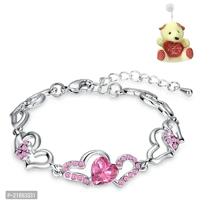 Mahi Valentine Gift Pink Hearts Bracelet with Crystals with free Teddy for women BR2100339RPinTed