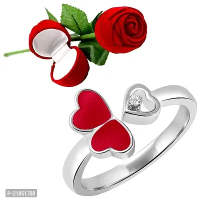 Mahi Tripple Heart Red Meena Work Silver Color Adjustable Finger Ring with Rosebox for Women FR5103130RRedBx