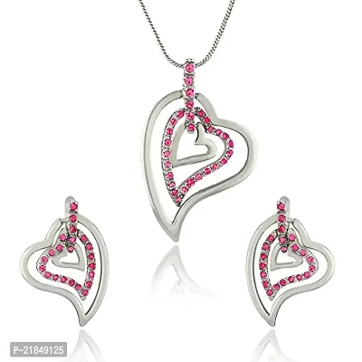 Mahi Rhodium Plated Three Hearts Pendant Set with Pink Crystals for Women NL1101768RPin