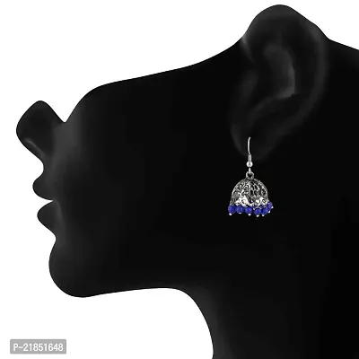 Mahi Oxidised Rhodium Plated Ethnic Jhumki Earrings with Blue Beads for women ER1109469RDBlu-thumb2