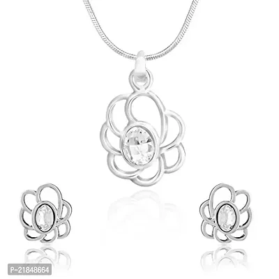 Valentine Gift - Mahi with Swarovski Crystals White Oval Flower Rhodium Plated Valentine Pendant Set for Women NL1104111RWhi-thumb0
