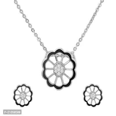 Mahi Cubic Zirconia Black Floral Rhodium Plated Pendant Set for Women NL1103669RBla-thumb0