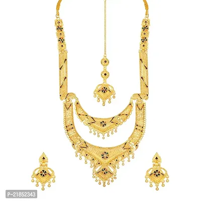 Mahi Gold Plated Traditional Layered Wedding Necklace Set with Maang Tikka for Women (NL1108084G)