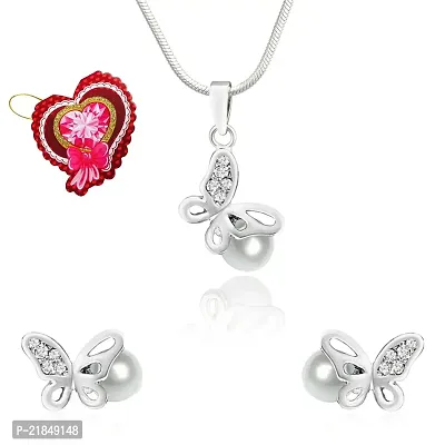 Mahi White Artificial Pearl Butterfly Pendant Set with CZ with Heart Shaped Card for Women NL5101773RCd