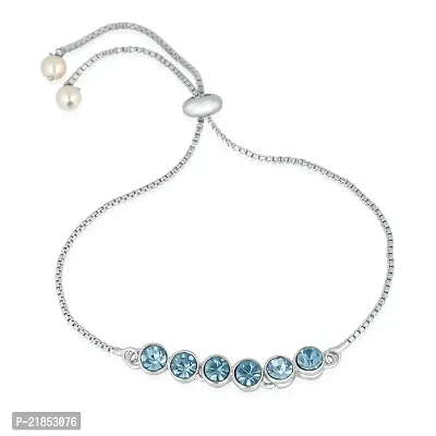 Mahi Rhodium Plated Gleaming Blue Solitaire Crystal Adjustable Bracelet for Women BR1100386RBlu