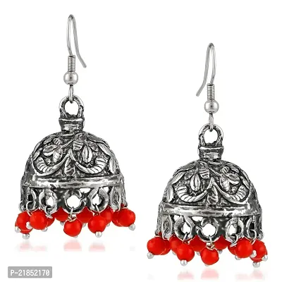 Mahi Oxidised Rhodium Plated Alluring Jhumki Earrings with Red Beads for women ER1109473RRed