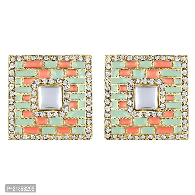 Mahi Squarish Dangler Earrings with Crystals and Light Green and Orange Meenakari Enamel for Women (ER11098146GLgre)-thumb3