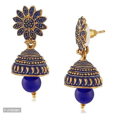 Mahi Meenakari Work Blue Artificial Bead Floral Jhumka Drop Earrings for Women (ER1109690G)-thumb3