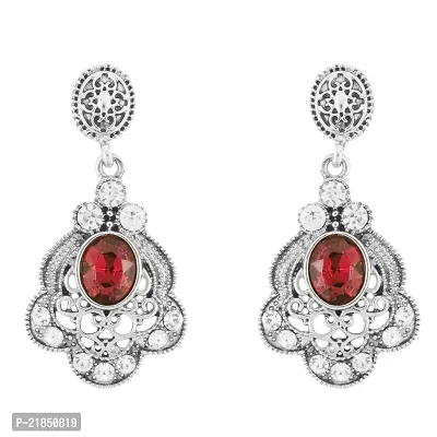 Donna Fashion Red Floral Oval Rhodium Plated Dangler Earrings with Crystals for Women ER30093R