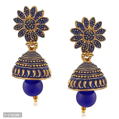 Mahi Meenakari Work Blue Artificial Bead Floral Jhumka Drop Earrings for Women (ER1109690G)