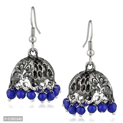 Mahi Oxidised Rhodium Plated Ethnic Jhumki Earrings with Blue Beads for women ER1109469RDBlu-thumb0