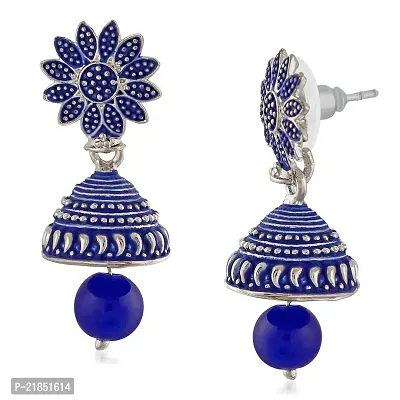 Mahi Meenakari Work Blue Artificial Bead Floral Jhumka Drop Earrings for Women (ER1109684R)-thumb3