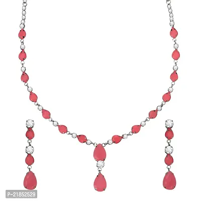 Mahi Rhodium Plated Cute  Delicate Pink, White Crystals Necklace Set for Women (NL1103805RPin)-thumb0