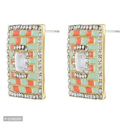 Mahi Squarish Dangler Earrings with Crystals and Light Green and Orange Meenakari Enamel for Women (ER11098146GLgre)-thumb4