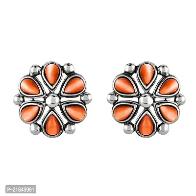 Mahi Monalisa Cats Eye Light Orange Flower Rhodium Plated Earrings for Women ER1109417RLOra