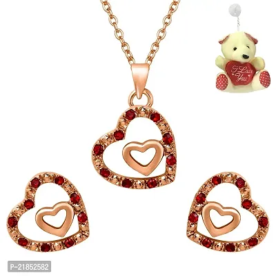 Mahi Valentine Gift Rose Gold Plated Red Crystal Dual Heart Pendant Set with free Teddy for women NL1103761ZTed