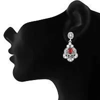 Donna Fashion Red Floral Oval Rhodium Plated Dangler Earrings with Crystals for Women ER30093R-thumb1