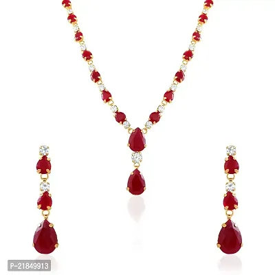 Oviya Gold Plated Ruby Pink Charismatic Necklace Set with Crystals for Women with Free Silver Laxmi Coin NL2103114GCI