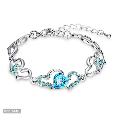 Oviya Rhodium Plated Lovely Heart Link Bracelet with glittering Crystal stones BR2100277RBlu-thumb0