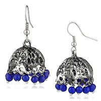 Mahi Oxidised Rhodium Plated Ethnic Jhumki Earrings with Blue Beads for women ER1109469RDBlu-thumb2