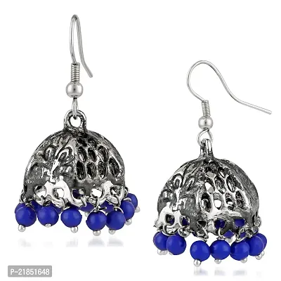 Mahi Oxidised Rhodium Plated Ethnic Jhumki Earrings with Blue Beads for women ER1109469RDBlu-thumb3