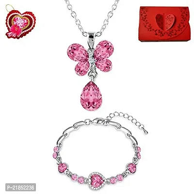 Mahi Valentine Special Pink Crystal Heart Bracelet and Butterfly Pendant Combo of Alloy with Gift Box and Card CO1105099RRdBxCd-thumb0