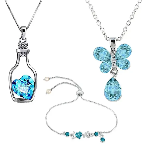 Mahi Valentine Gift Combo of Love Bracelet Butterfly and Bottle Pendants of Alloy with Aqua Blue Crystal CO1105102R