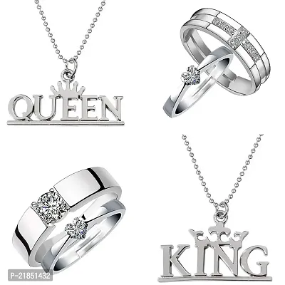 Mahi Valentine Gift Combo of King Queen Pendant and Couple Ring for Men and Women (PACO1105164PR)
