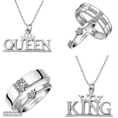 Mahi Valentine Gift Combo of King Queen Pendant and Couple Ring for Men and Women (PACO1105164PR)-thumb0