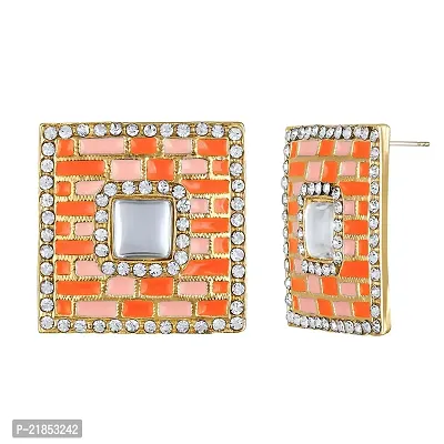 Mahi Squarish Dangler Earrings with Crystals and Orange and Pink Meenakari Enamel for Women (ER11098148GOrg)