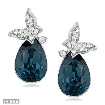 Oviya Rhodium Plated Exclusive Montana Blue and White Crystals Butterfly Stud Earrings for girls and women ER2109619R