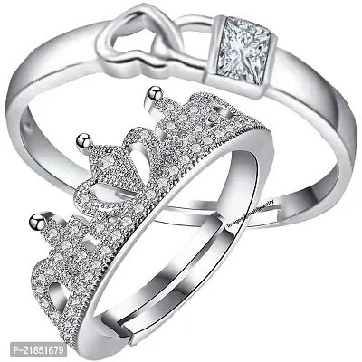 Mahi Solitaire Crystal Lock Heart and Crown Proposal Adjustable Couple Ring for Men and Women (FRCO1103103R)