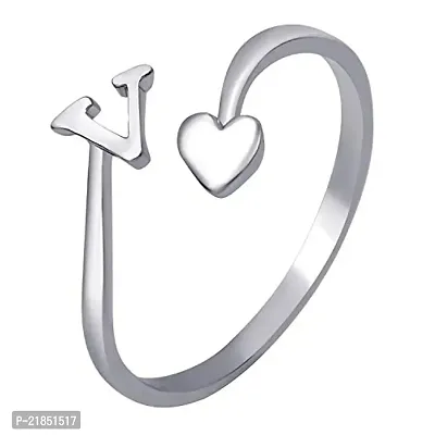 Mahi Rhodium Plated 'V' Initial and Heart Adjustable Finger Ring for Women (FR1103127R)