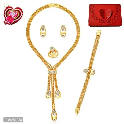 Mahi Exclusive Valentine Special Crystal Necklace Set Bracelet and Finger Ring of Alloy with Gift Box and Card for Girls and Women CO1105092GRdBxCd