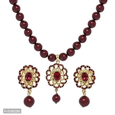 Mahi Valentine Gift Marron Crystals and Artificial Pearls Floral Necklace Stet for Women (NL1103770GMar)