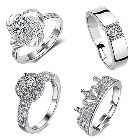 Mahi Combo of Rhodium Plated Adjustable Finger Ring with Cubic Zirconia and Crystal for Women CO1105039R
