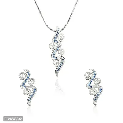 Mahi Rhodium Plated Intricate Curl Pendant Set with Aqua Blue Crystal for Women NL1101765RBlu