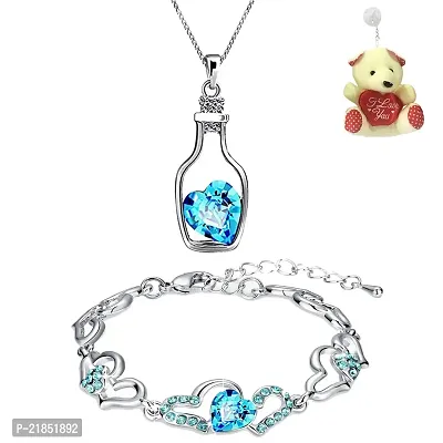 Mahi Valentine Gift Combo of Blue Heart Crystals Bracelet and Pendant with free Teddy for women CO2104703RTed