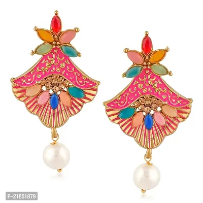 Mahi Meenakari Work Floral Dangler Earrings with Crystal and Artificial Pearl for Womens (ER1109671G)