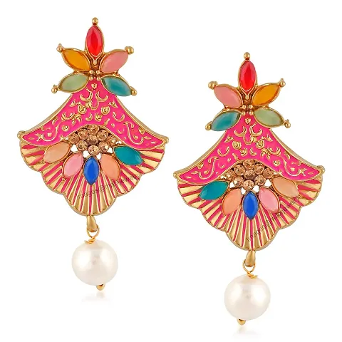 Mahi Meenakari Work Floral Dangler Earrings with Crystal and Artificial Pearl for Womens (PAER1109671PR)