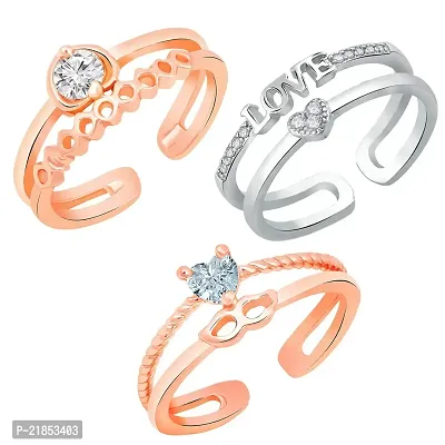 Mahi Combo of Dual Band Love Heart 3 Adjustable Finger Rings with Cubic Zirconia for Women (CO1105440M)