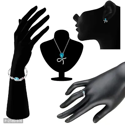 Mahi Rhodium Plated Combo of Blue Solitaire Crystal Designer Pendant Set Finger Ring and Bracelet CO1105030RBlu-thumb2
