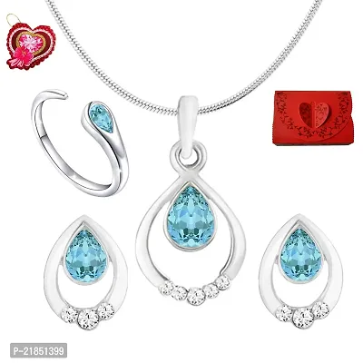 Mahi Valentine Special Combo of Aqua Blue Crystal Water Drop Pendant Set and Adjustable Finger Ring with Gift Box and Card CO1105096RRdBxCd