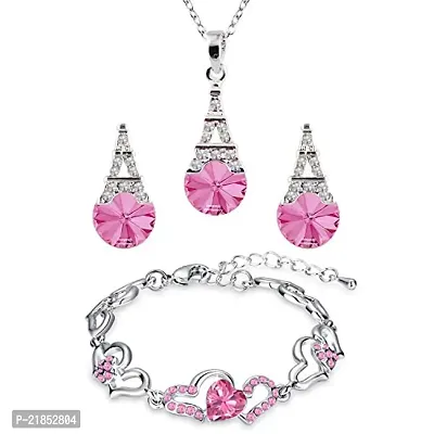 Oviya Valentine Special Pink Crystals Combo of Lovely Heart Link Bracelet and Eiffel Tower Pendant Set of Alloy with Gift Box and Card with for Women CO2104888RRdBxCd