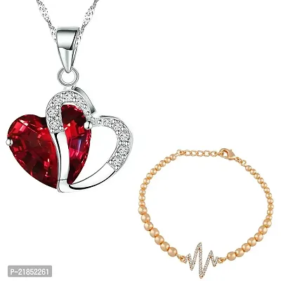 Mahi Combo of Heart beat Bracelet and Red Heart Pendant with Crystals for Women CO1104894M