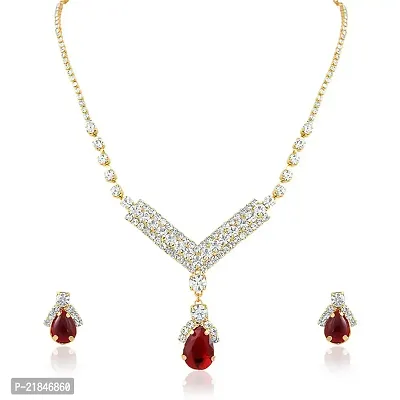 Oviya Gold plated White  Red Crystal Necklace with Earrings For Women NL2103113G-thumb0