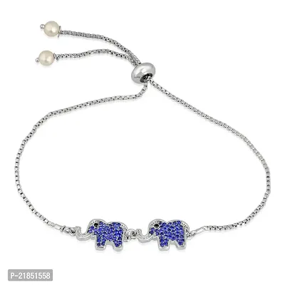 Mahi Rhodium Plated Majestic Elephant Adjustable Bracelet with crystal stones for girls and women BR1100391RBlu