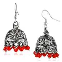 Mahi Oxidised Rhodium Plated Alluring Jhumki Earrings with Red Beads for women ER1109473RRed-thumb2