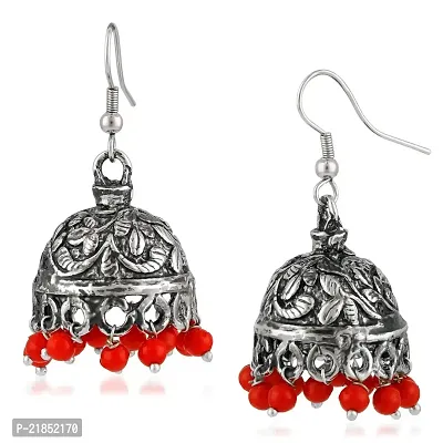 Mahi Oxidised Rhodium Plated Alluring Jhumki Earrings with Red Beads for women ER1109473RRed-thumb3